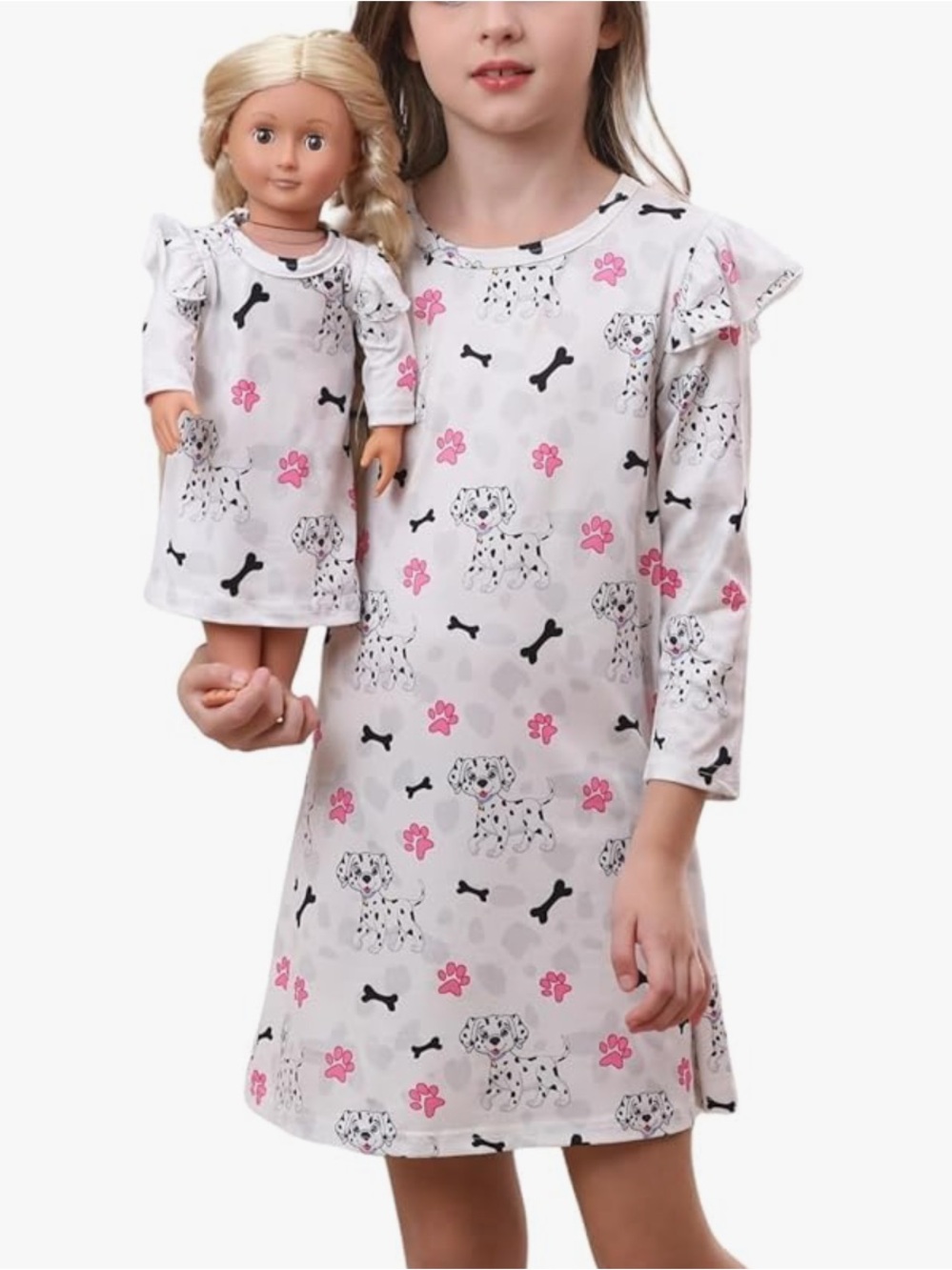 NWT Size 10/11 Girls' Dalmatian Print Long Sleeve Nightgown with Pink Accents
